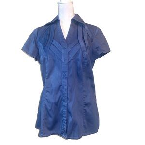 FRED DAVID Blue Button Down V-neck Short Sleeve Blouse Business Casual Size Sm